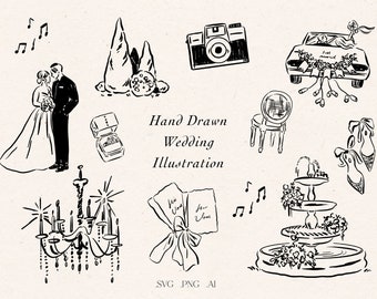 Hand Drawn Wedding Icons Clipart in SVG, Wedding Doodle Whimsical ...