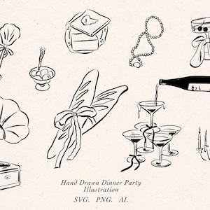 Puede incluir: Ilustraciones en blanco y negro dibujadas a mano de elementos de una cena. Incluye un gramófono, baguette con lazo, copas de champán, mantequilla, un collar de perlas y un candelabro. El texto dice "Hand Drawn Dinner Party Illustration."