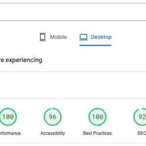 May include: Screenshot of a website performance analysis tool showing a green circle with a score of 100 for performance, a green circle with a score of 96 for accessibility, a green circle with a score of 100 for best practices, and a green circle with a score of 92 for SEO.