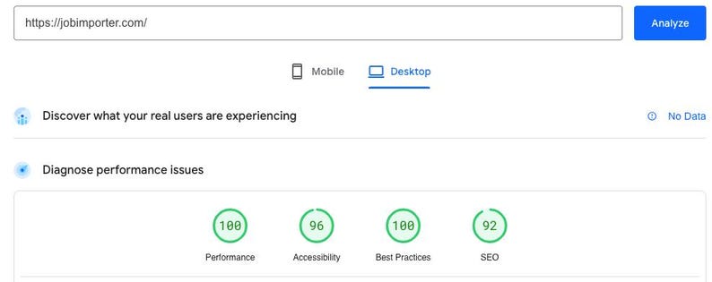 May include: Screenshot of a website performance analysis tool showing a green circle with a score of 100 for performance, a green circle with a score of 96 for accessibility, a green circle with a score of 100 for best practices, and a green circle with a score of 92 for SEO.