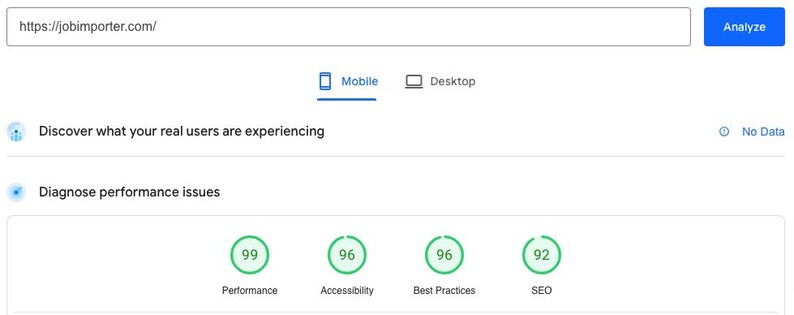 May include: Screenshot of a website performance analysis tool showing a score of 99 for performance, 96 for accessibility, 96 for best practices, and 92 for SEO. The website URL is jobimporter.com.