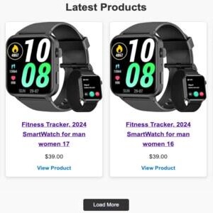 May include: Four black fitness trackers with a digital display showing the time 10:08. Each tracker has a black band and a small screen on the side. The text "Fitness Tracker, 2024 SmartWatch for man women 18" is below the first tracker. The text "&pound;39.00 View Product" is below the text. The text "Load More" is at the bottom of the image.