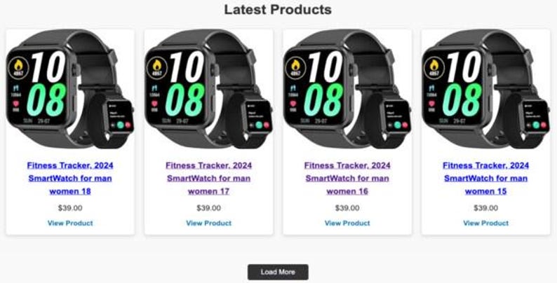 May include: Four black fitness trackers with a digital display showing the time 10:08. Each tracker has a black band and a small screen on the side. The text "Fitness Tracker, 2024 SmartWatch for man women 18" is below the first tracker. The text "&pound;39.00 View Product" is below the text. The text "Load More" is at the bottom of the image.