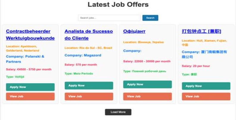 May include: Screenshot of a website displaying a list of job offers. The website features a search bar and a button labelled "Search". The job offers are presented in a grid format, each listing includes the job title, location, company, salary, type, and buttons to apply and view the job. The job titles are in various languages, including English, Portuguese, Ukrainian, and Chinese.