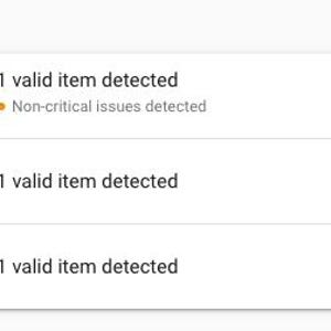 May include: Screenshot of a Google Search Console report showing structured data for a website. The report shows that the website has one valid item detected for each of the following types of structured data: Articles, Breadcrumbs, and Sitelinks searchbox.