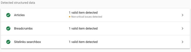 May include: Screenshot of a Google Search Console report showing structured data for a website. The report shows that the website has one valid item detected for each of the following types of structured data: Articles, Breadcrumbs, and Sitelinks searchbox.