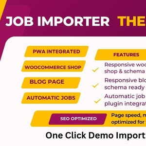 Könnte beinhalten: Eine gelbe und rosafarbene Grafik mit dem Text "JOB IMPORTER THEME" in Schwarz. Die Grafik zeigt ein gelbes Koffer-Symbol mit dem Text "JOB IMPORTER" in Lila. Die Grafik enthält auch eine Liste von Funktionen, darunter "PWA integriert", "WooCommerce Shop", "Blogseite", "Automatische Jobs", "SEO optimiert" und "Demo-Import mit einem Klick".