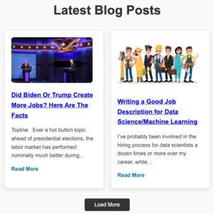 May include: A screenshot of a website displaying four blog posts. The first post is titled "Best Jobs in Air Traffic Management" and features an illustration of people in various jobs related to air traffic control. The second post is titled "Did Biden Or Trump Create More Jobs? Here Are The Facts" and features a photo of a man speaking at a podium. The third post is titled "Writing a Good Job Description for Data Science/Machine Learning" and features an illustration of people in various jobs related to data science. The fourth post is titled "Tech and industry giants cut jobs amid economic uncertainty" and features an illustration of people in various jobs related to technology.