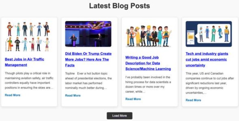 May include: A screenshot of a website displaying four blog posts. The first post is titled "Best Jobs in Air Traffic Management" and features an illustration of people in various jobs related to air traffic control. The second post is titled "Did Biden Or Trump Create More Jobs? Here Are The Facts" and features a photo of a man speaking at a podium. The third post is titled "Writing a Good Job Description for Data Science/Machine Learning" and features an illustration of people in various jobs related to data science. The fourth post is titled "Tech and industry giants cut jobs amid economic uncertainty" and features an illustration of people in various jobs related to technology.