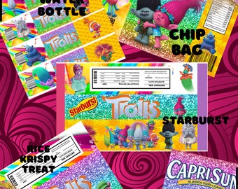 Trolls DIY digital download printable party favors kid's birthday chip bag water bottle rice krispy treats caprisun starburst party packages