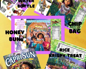 DIY Encanto digital download printable party favors kids birthday chip bag water bottle caprisun honey bun rice krispy treat party packages