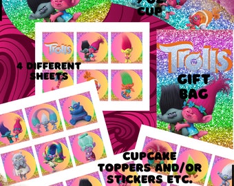 DIY Trolls digital download printable party favors kid's birthday party packages chip bag caprisun water bottle starburst rice krispy treats