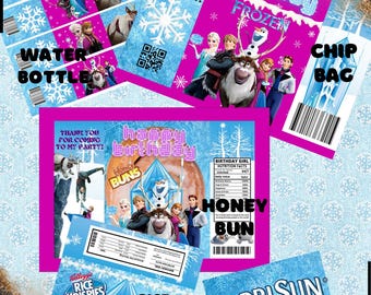 DIY FROZEN digital printable party favors for birthday parties custom chip bag, rice krispy treat, water bottle, honey bun, caprisun labels