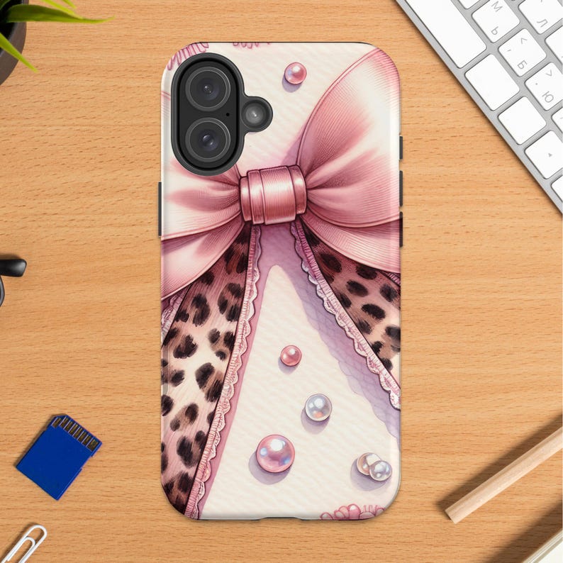 Chic Leopard Print and Pink Bow Design Phone Case, Stylish Animal Pattern Cover