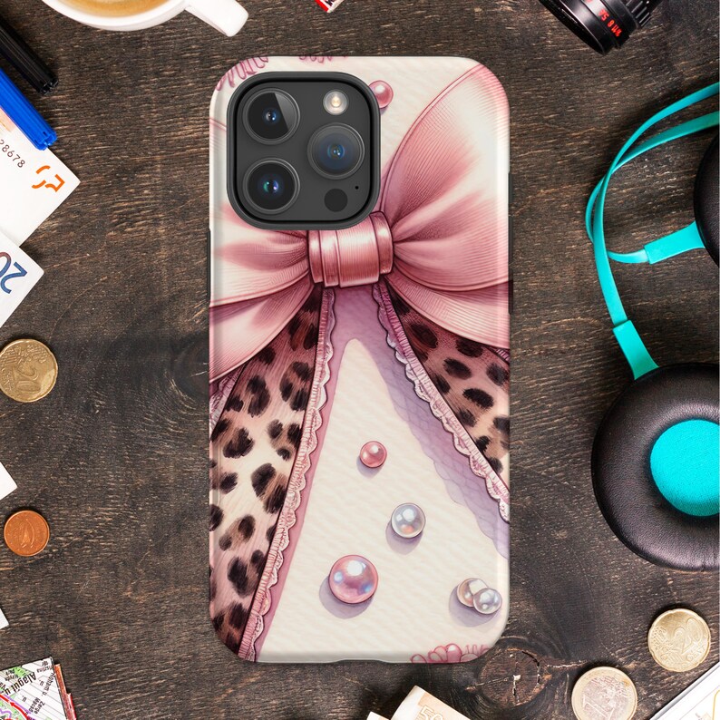 Pink Bow Leopard Print Phone Case, Fashionable Animal Texture Cell Cover, Stylish Feminine Accessory