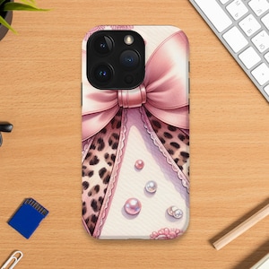 Chic Leopard Print Phone Case with Pink Bow, Elegant Women's Fashion Accessory iPhone Cover
