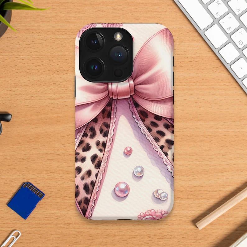 Chic Leopard Print Phone Case with Pink Bow, Elegant Women's Fashion Accessory iPhone Cover