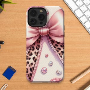 Pink Bow and Leopard Print Phone Case, Stylish Animal Pattern, Elegant Design, Protective Cover
