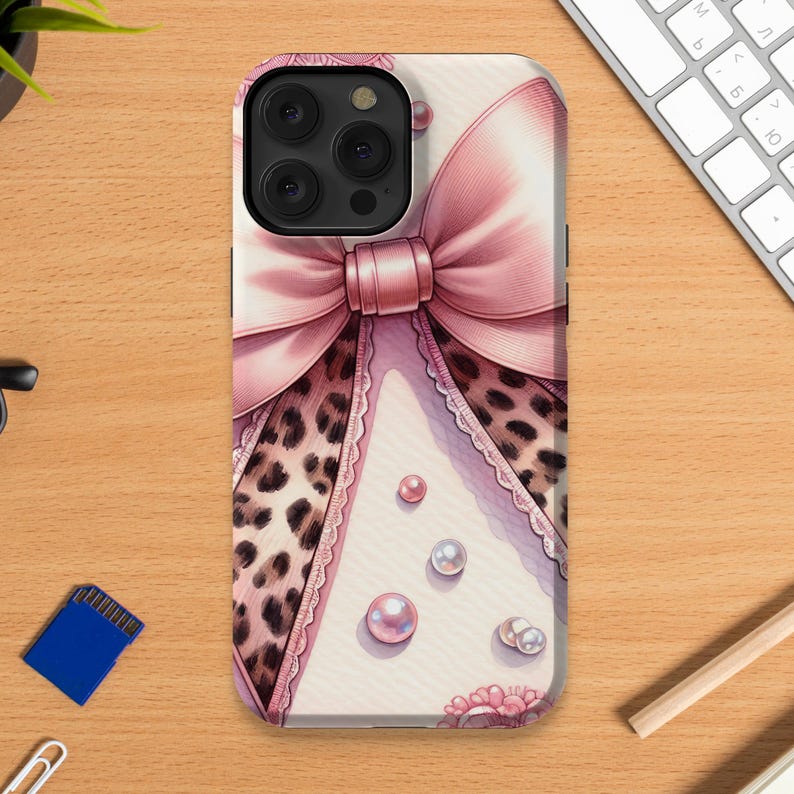 Pink Bow and Leopard Print Phone Case, Stylish Animal Pattern, Elegant Design, Protective Cover