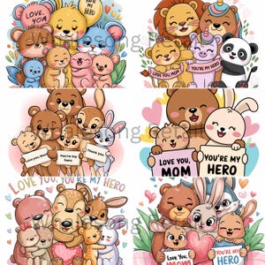 Pacote de família animal para o dia das mães, te amo, mãe, arte para impressão, você é meu herói, animais fofos se abraçando, arte de parede para berçário, download instantâneo