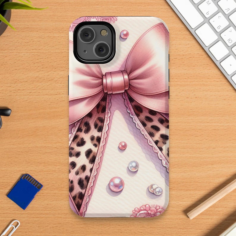 Pink Bow Leopard Print Phone Case, Stylish Animal Pattern, Protective Cover Accessories