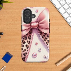 Pink Bow Leopard Print Phone Case, Elegant Feminine Protective Cover with Pearls Details