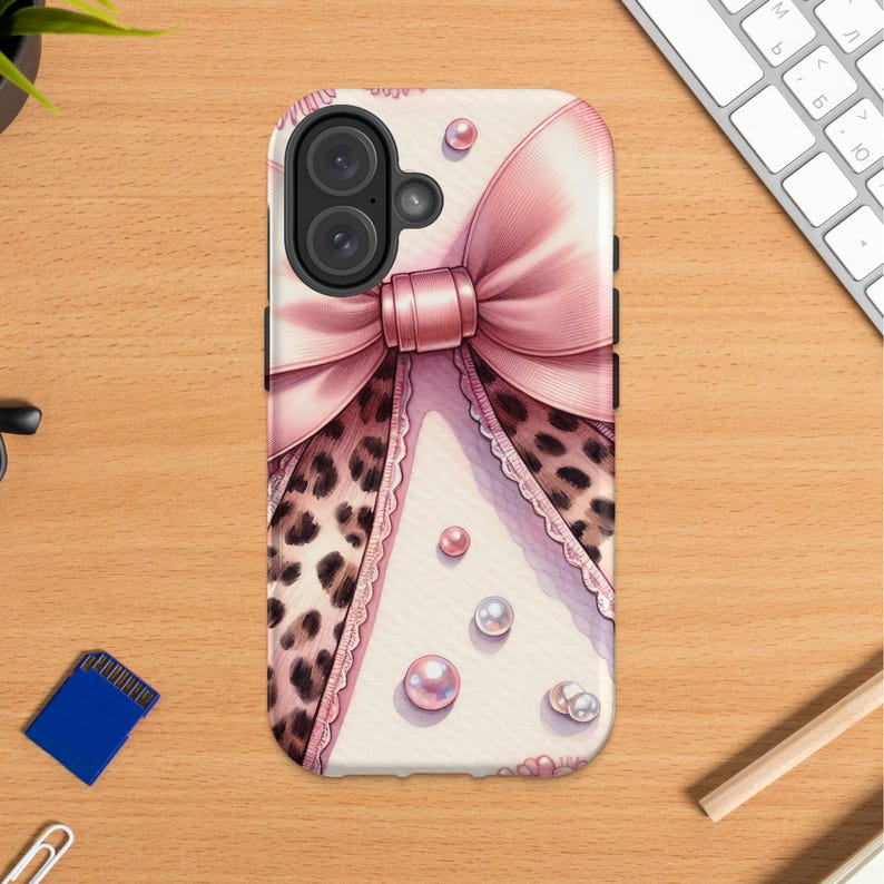 Pink Bow Leopard Print Phone Case, Elegant Feminine Protective Cover with Pearls Details