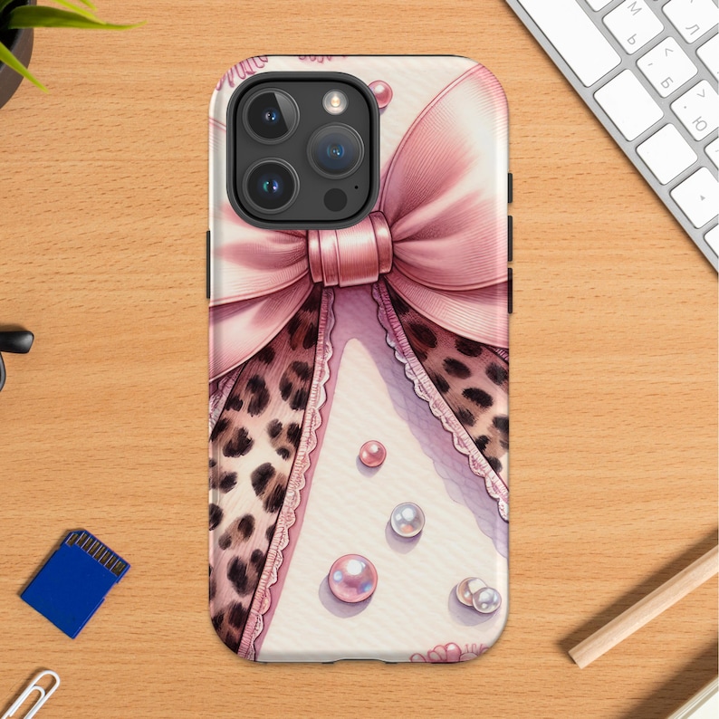 Chic Leopard Print and Pink Bow Phone Case, Stylish Protective Cover for iPhone