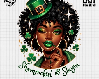 St Patricks Day Afro Woman Clipart | Lucky Shamrock PNG (Digital Download)
