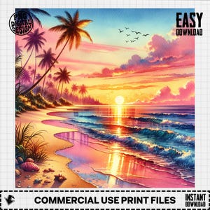 Tropical Sunset Beach PNG: Watercolor Palm Tree Clipart (Digital Download)