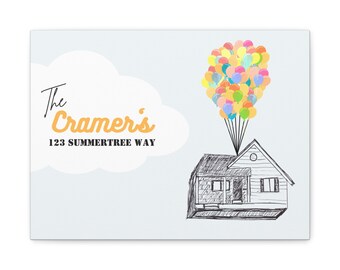 Op maat gemaakt filmgeïnspireerd canvas met handgetekend huis - Inwijdingsfeestcadeau