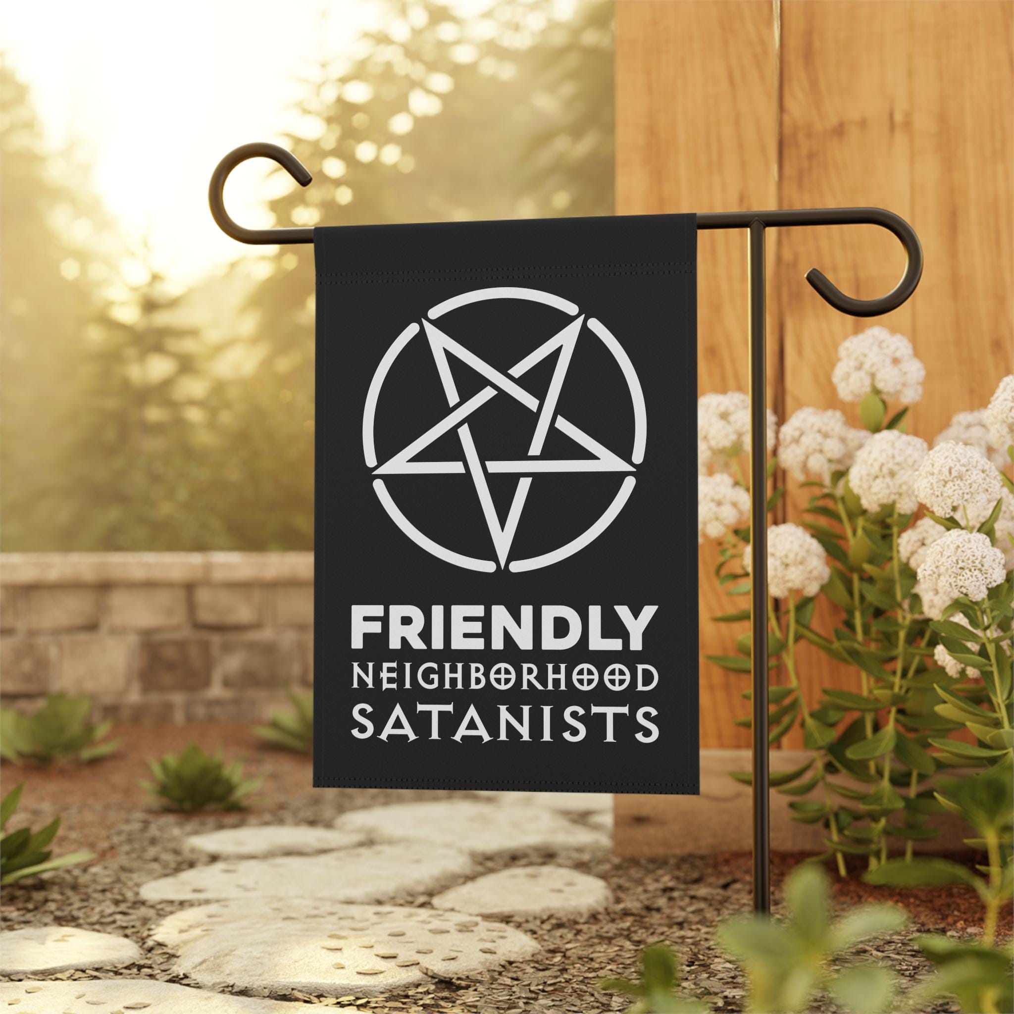 Friendly Neighborhood Satanists Garden Flag, Alternative Gothic Yard Decor, Occult Satanic Pentagram Banner, Funny Dark Humor House Flag