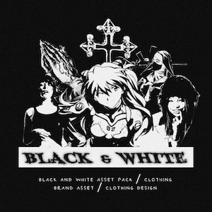 May include: Black and white graphic design featuring a cross, a praying hand, and several anime characters. The text "BLACK & WHITE" is at the bottom of the image. The text "BLACK AND WHITE ASSET PACK / CLOTHING BRAND ASSET / CLOTHING DESIGN" is below the graphic.