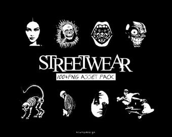 Dark Grunge Streetwear Clipart, 100+ Gothic Graphic Assets, Cyberpunk Horror PNGs for Clothing Brands, Edgy Illustration Pack