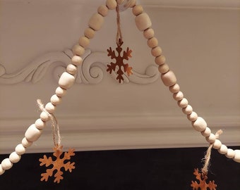 Farmhouse Wood Bead Garland with Rusty Snowflakes