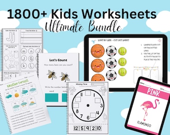 1800+ Preschool Kindergarten Printable Activity Worksheets Ultimate Bundle Alphabet Writing Math Tracing Journal Cutting Coloring