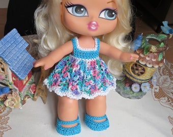 Crochet outfit for 12 13 inch Big Bratz Doll 4 piece Dress Squared Neckline Flared Skirt Panty Shoes Thread Rainbow Blue Pink