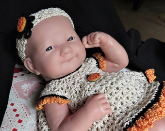 Crochet outfit for 14 inch la newborn chubby berenguer Doll Dress Eyelet Headband Panty Shoes Halloween Autumn Pastels