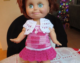 Crochet for 13 inch Baby Face Doll Dress Squared Neckline Drop Waist Shrug Panty Shoes