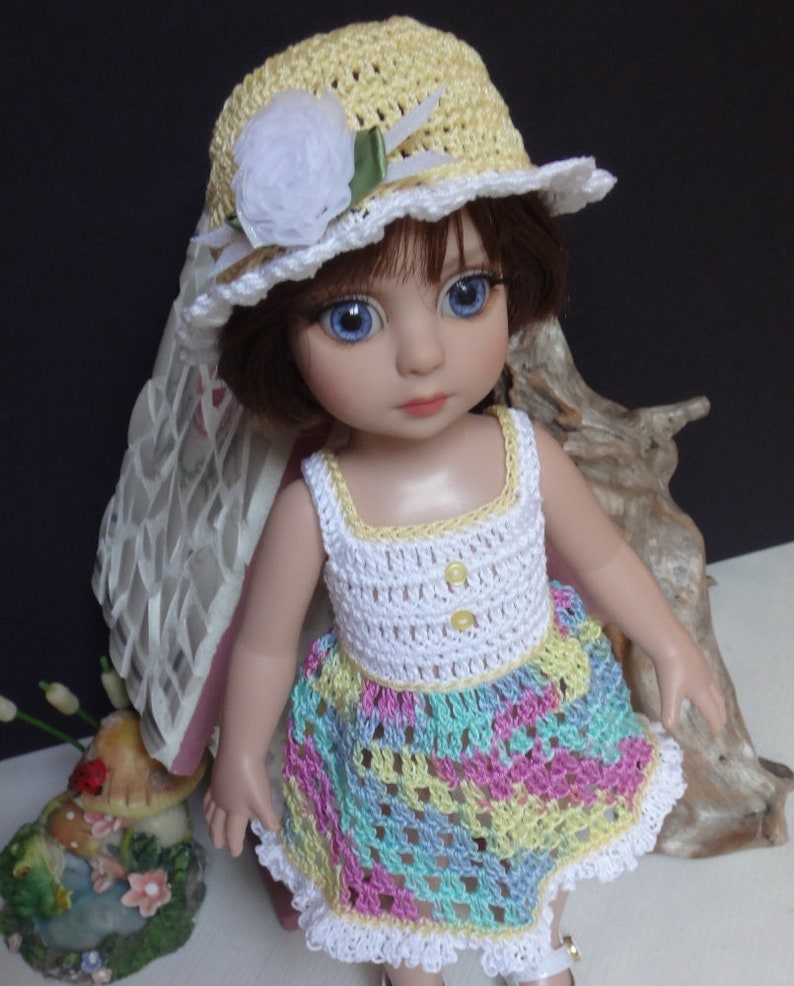 Crochet clothes 10 inch Tonner Ann Estelle Patsy Sophie Doll Sun Dress Hat Red White Yellow Blue Purple Green Pastel