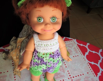 Crochet outfit for 13 inch Galoob Baby Face Doll 5 piece Summer Set Thread green purple visor top shorts