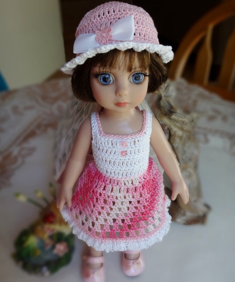 Crochet clothes 10 inch Tonner Ann Estelle Patsy Sophie Doll Sun Dress Hat Red White Yellow Blue Purple Green Pink