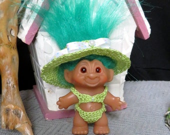 Crochet 2 piece clothes for Dam 2 7/8 inch Troll doll Beach Hat one piece Swimsuit