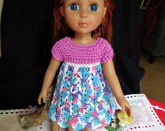 Crochet clothes for 14 inch GG Glitter Girl Doll one piece Dress Empire round neckline short sleeves scallop edge