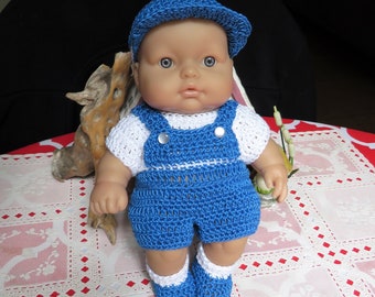 Crochet outfit 9 10 inch Boy LTL Berenguer Chubby baby doll  one piece Top with shorts and bib front Baseball Hat, Shoes