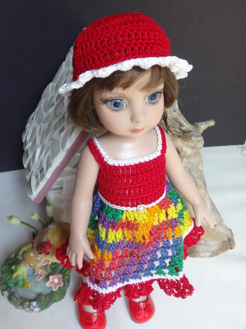 Crochet clothes 10 inch Tonner Ann Estelle Patsy Sophie Doll Sun Dress Hat Red White Yellow Blue Purple Green image 4