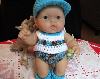 Crochet outfit 9 10 inch Boy LTL Berenguer Chubby baby doll  Sunsuit Baseball Cap Top Bottoms Booty Blue Brown White