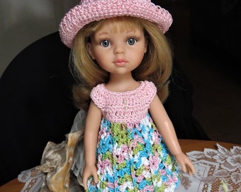 2 piece Crochet for Paola Reina 12 13 inch doll Hat with wide brim Dress Empire A Line