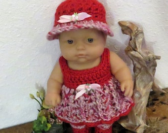 Crochet outfit for 9 10 inch LTL Berenguer Chubby baby doll Yarn Hat Dress Summer Squared neckline Panty Shoes