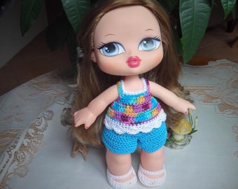 Crochet 4 pcs outfit for 12 13 inch Big Bratz Doll Tank Top Pants Short Shoes Thread